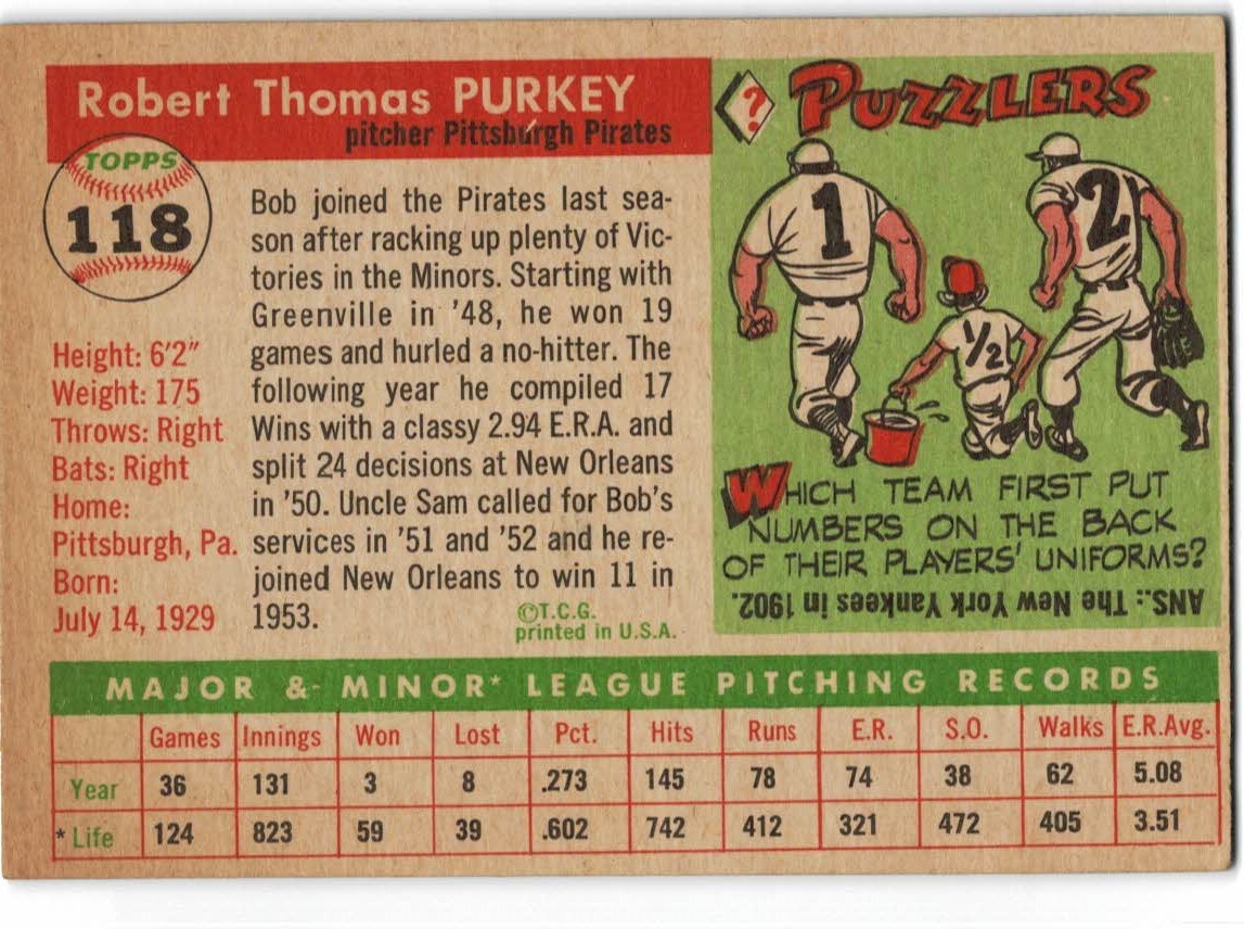 1955 Topps #118 Bob Purkey back image