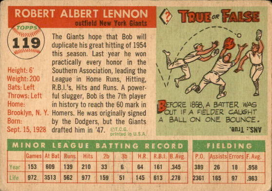 1955 Topps #119 Bob Lennon RC back image