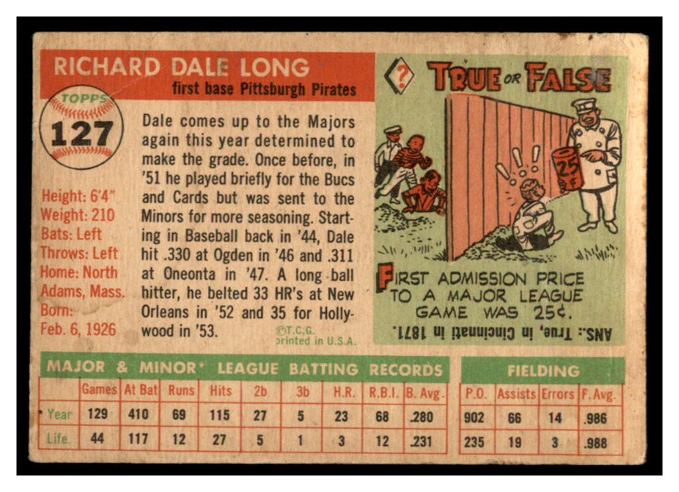 1955 Topps #127 Dale Long RC back image
