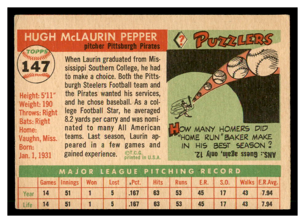 1955 Topps #147 Hugh Pepper RC back image