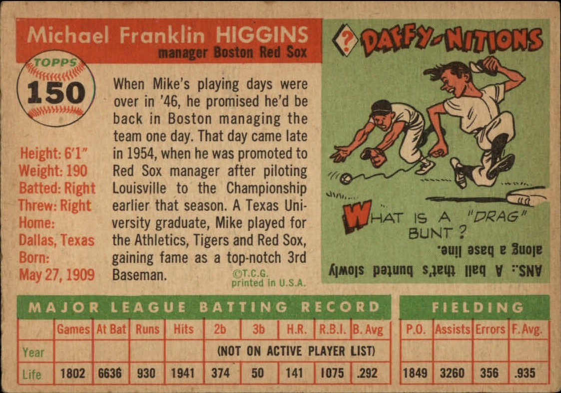 1955 Topps #150 Mike Higgins MG back image