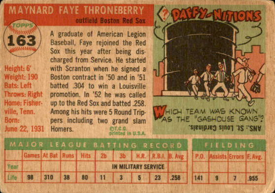 1955 Topps #163 Faye Throneberry back image