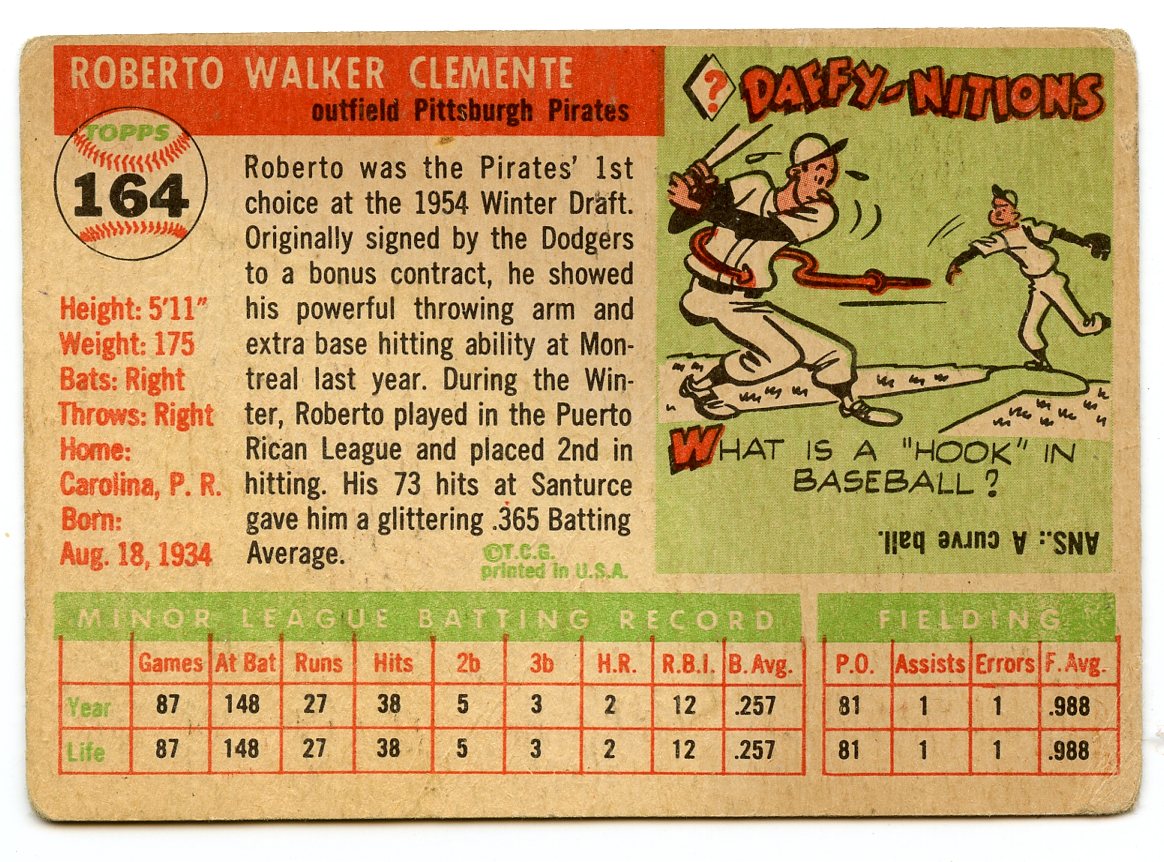 1955 Topps #164 Roberto Clemente RC back image