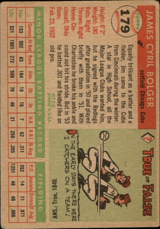 1955 Topps #179 Jim Bolger RC back image