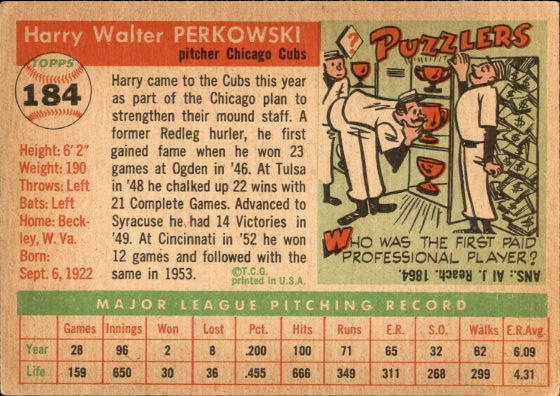 1955 Topps #184 Harry Perkowski DP back image