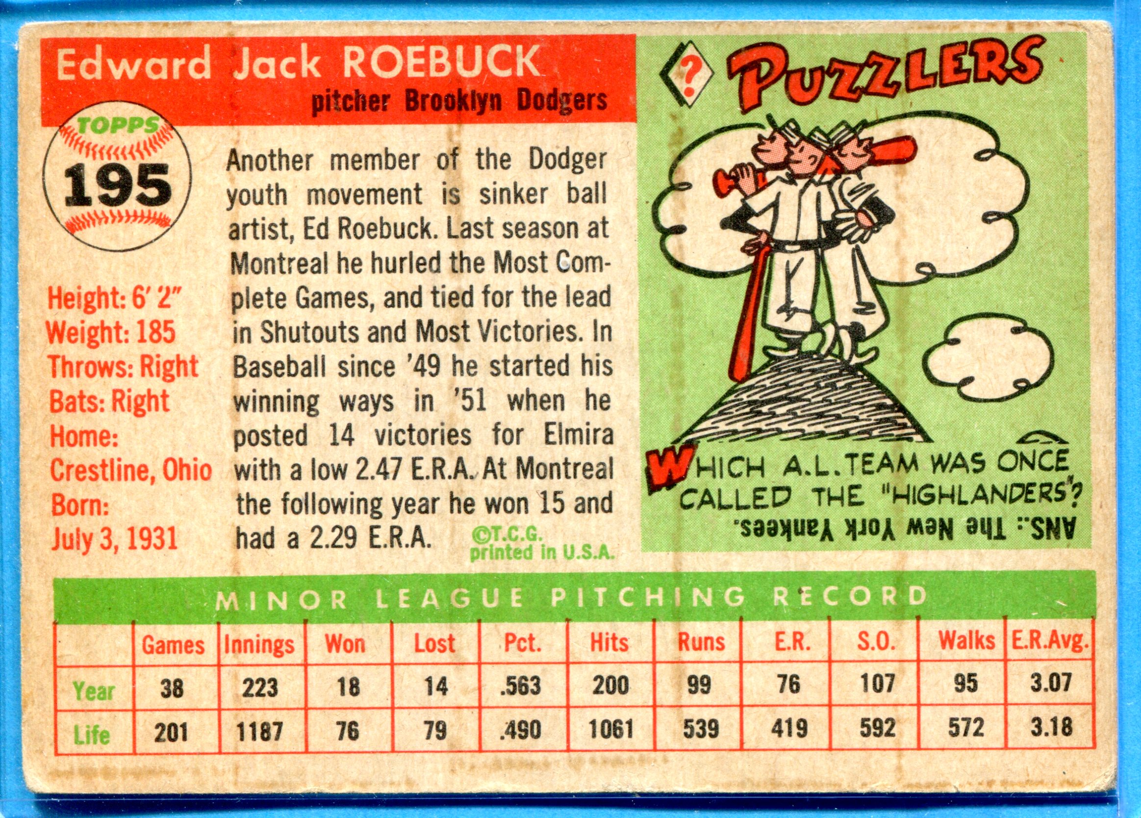 1955 Topps #195 Ed Roebuck RC back image