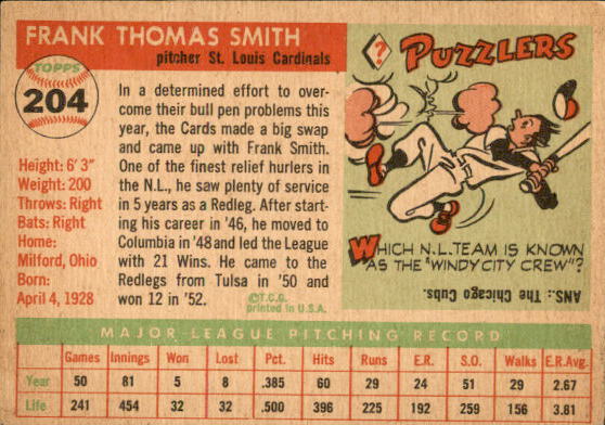 1955 Topps #204 Frank Smith back image
