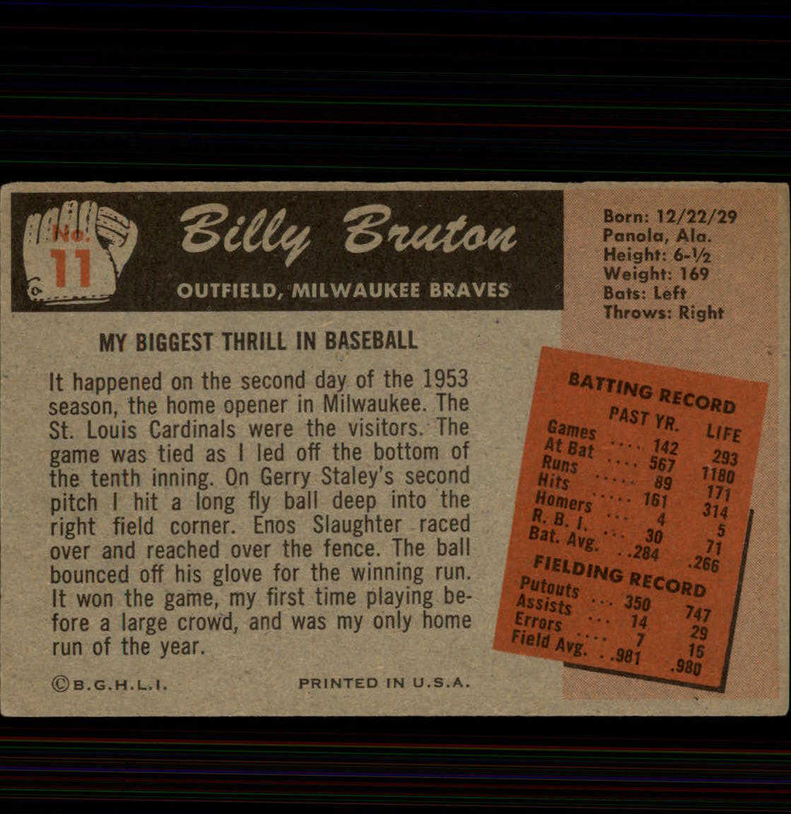 1955 Bowman #11 Bill Bruton back image