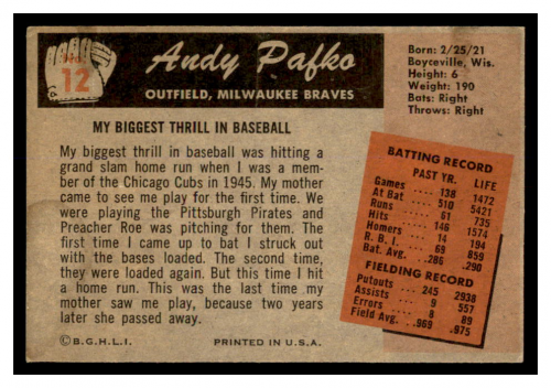 1955 Bowman #12 Andy Pafko back image