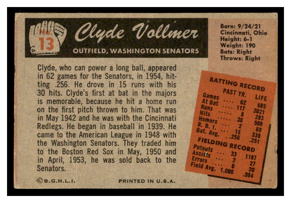 1955 Bowman #13 Clyde Vollmer back image