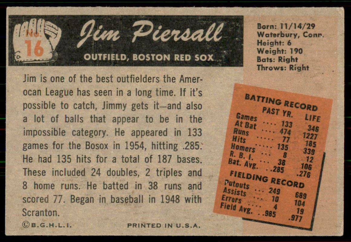 1955 Bowman #16 Jimmy Piersall back image