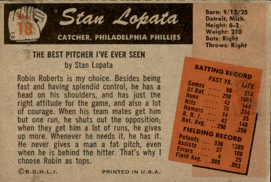 1955 Bowman #18 Stan Lopata back image
