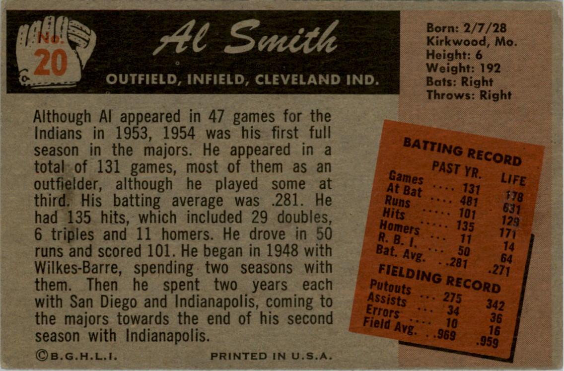 1955 Bowman #20 Al Smith back image