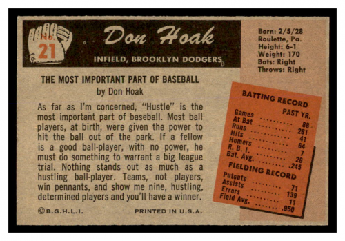 1955 Bowman #21 Don Hoak back image
