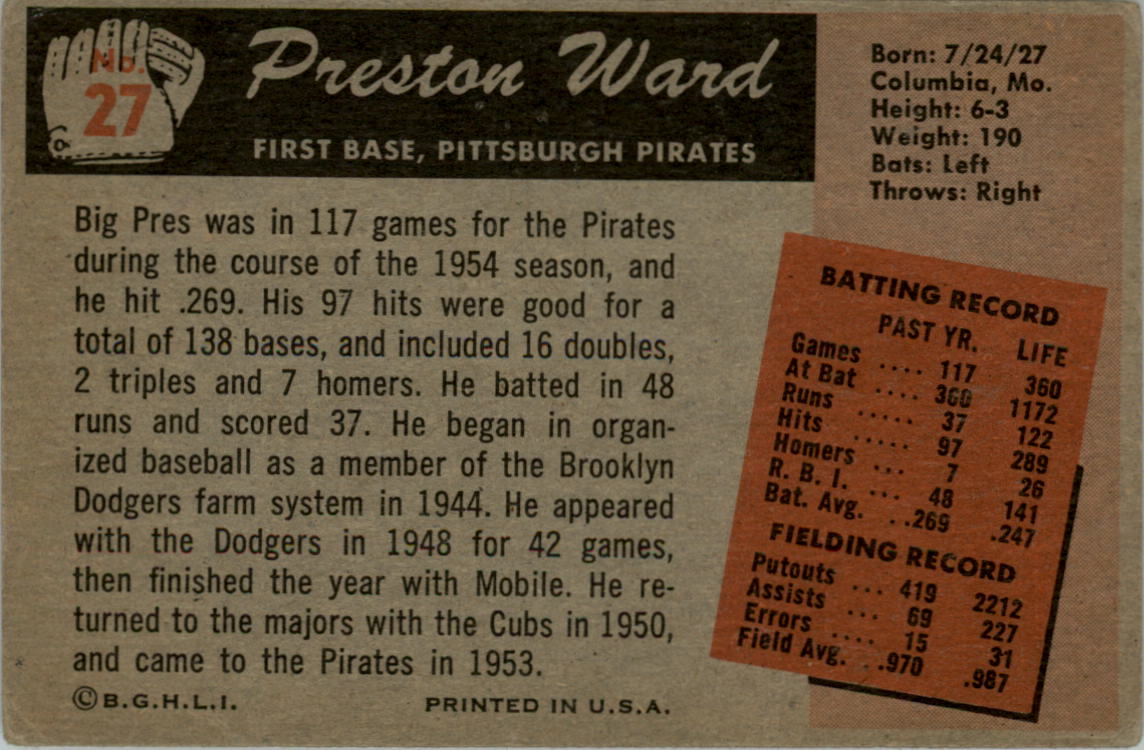 1955 Bowman #27 Preston Ward back image