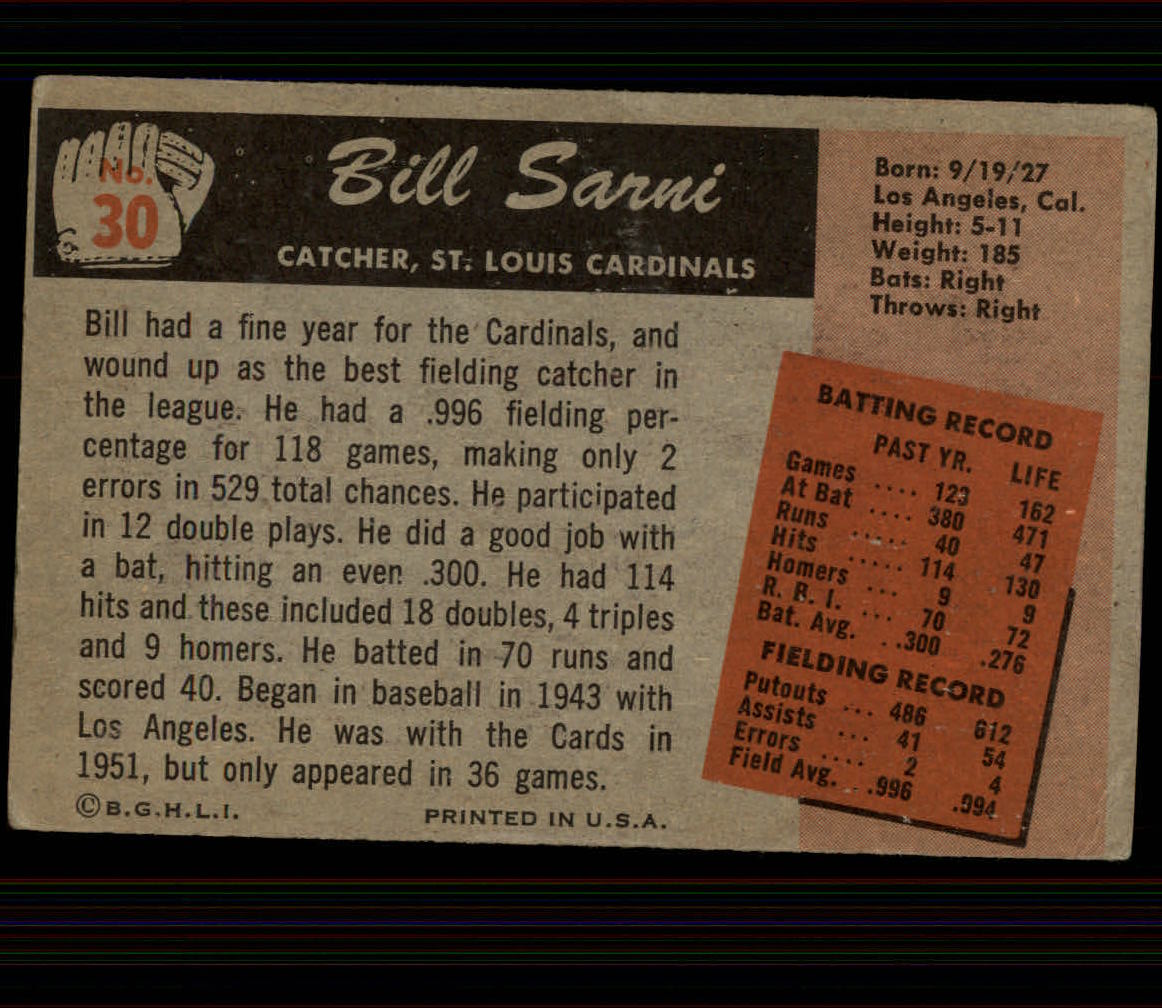 1955 Bowman #30 Bill Sarni back image