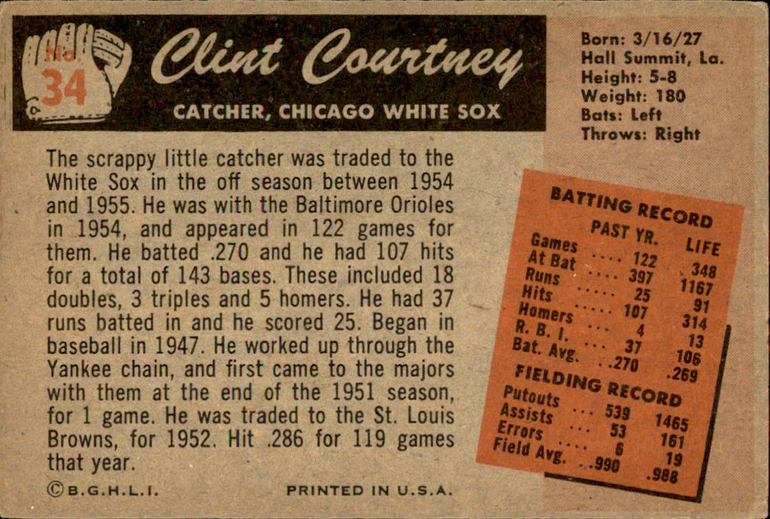 1955 Bowman #34 Clint Courtney back image