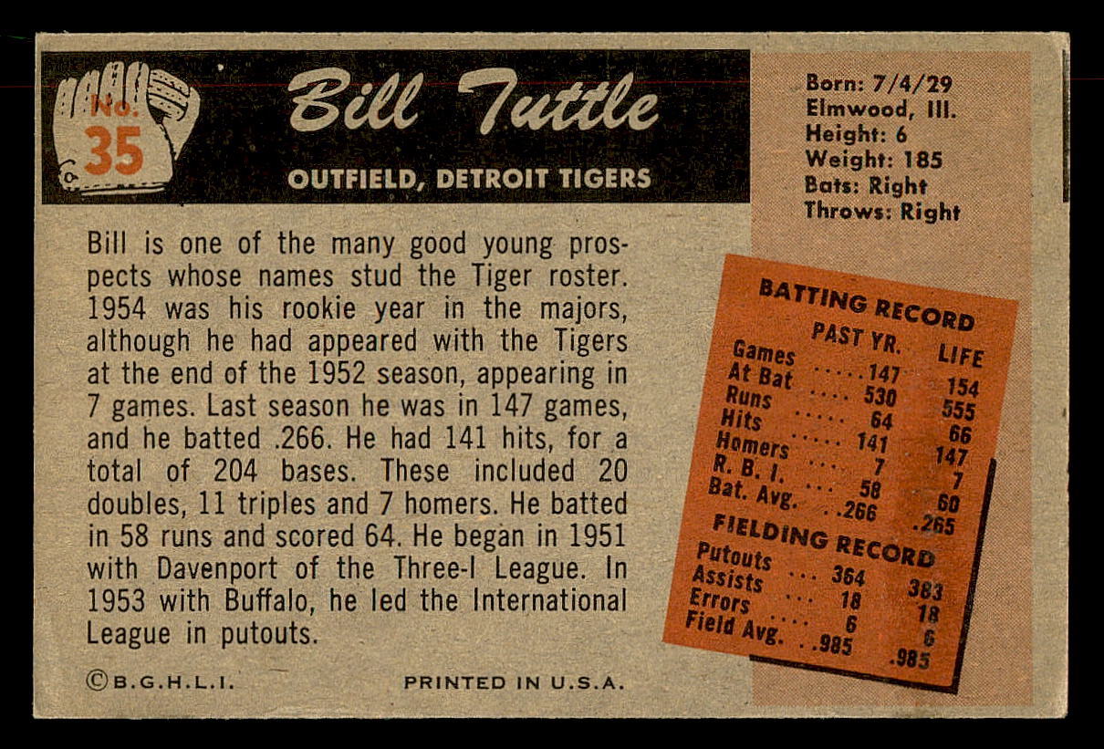 1955 Bowman #35 Bill Tuttle RC back image