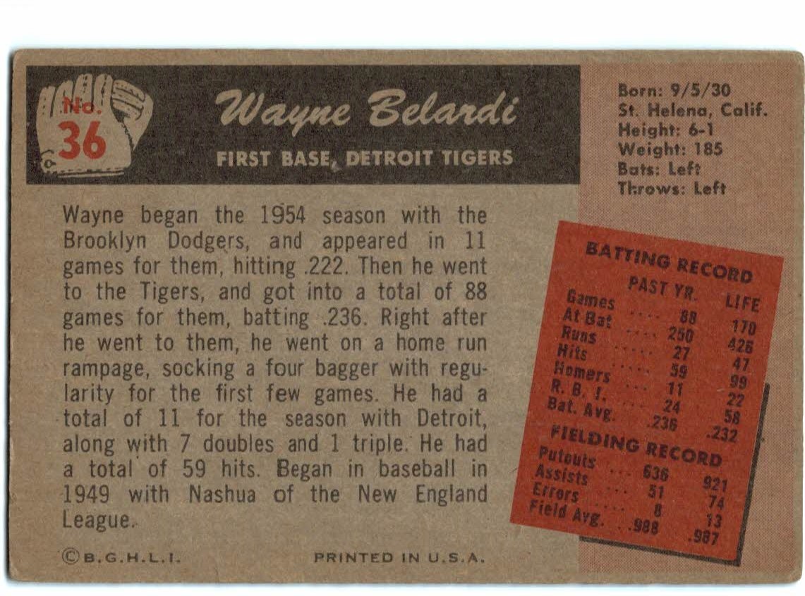 1955 Bowman #36 Wayne Belardi RC back image