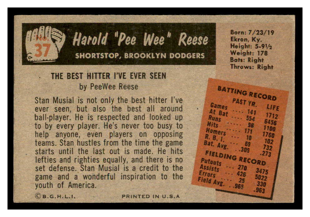 1955 Bowman #37 Pee Wee Reese back image