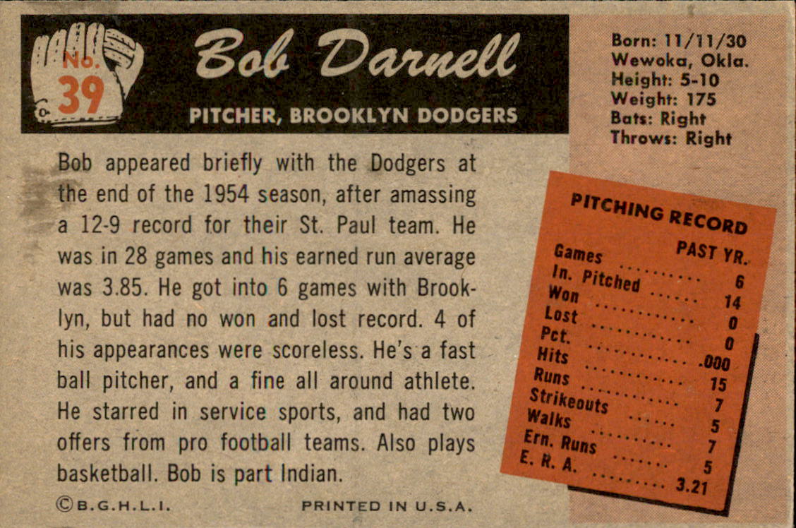1955 Bowman #39 Bob Darnell RC back image