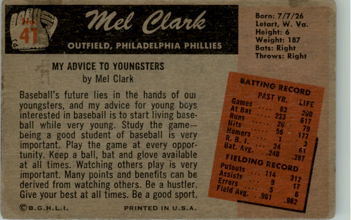 1955 Bowman #41 Mel Clark back image