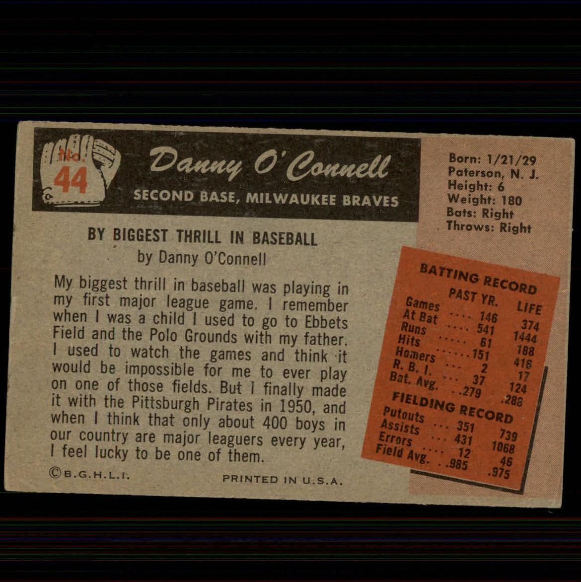 1955 Bowman #44 Danny O'Connell back image