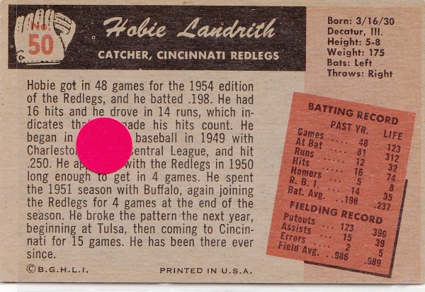1955 Bowman #50 Hobie Landrith back image