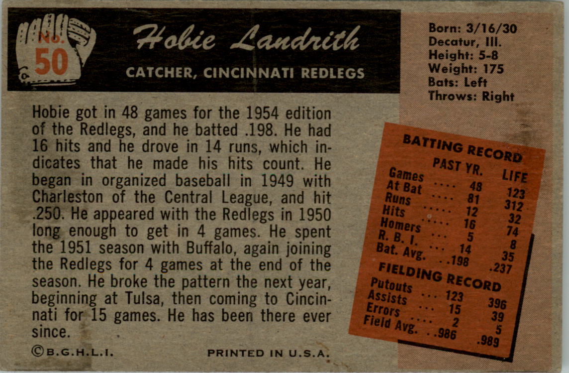 1955 Bowman #50 Hobie Landrith back image