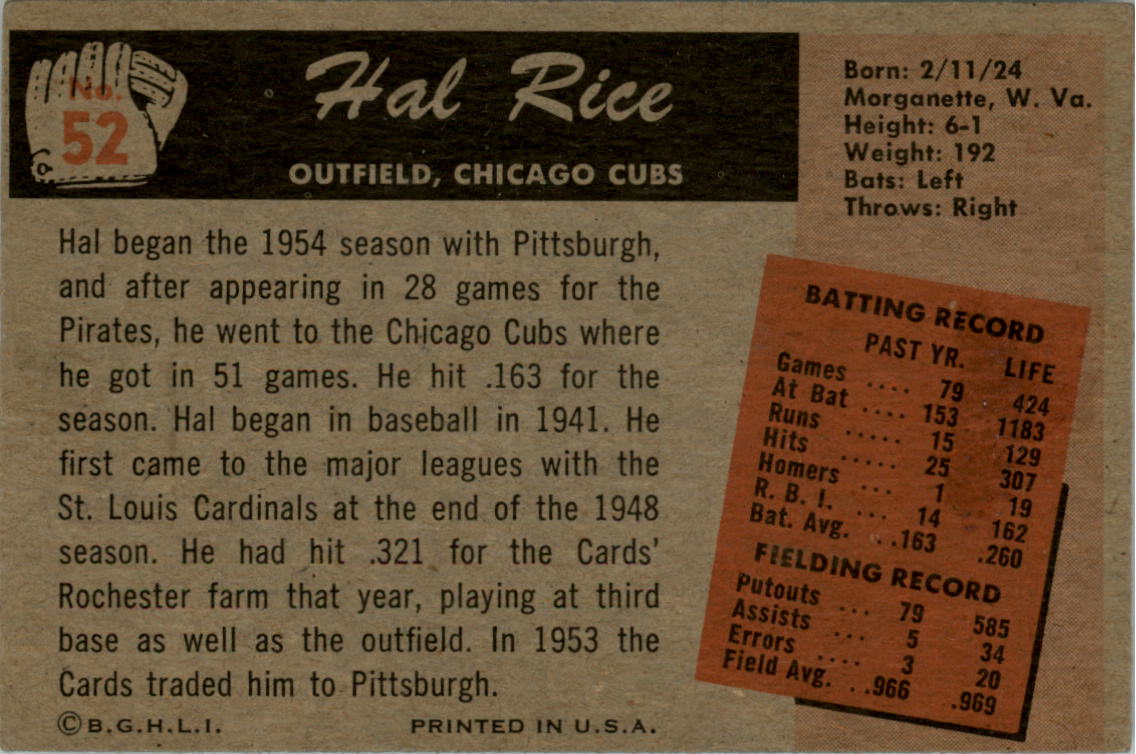 1955 Bowman #52 Hal Rice back image
