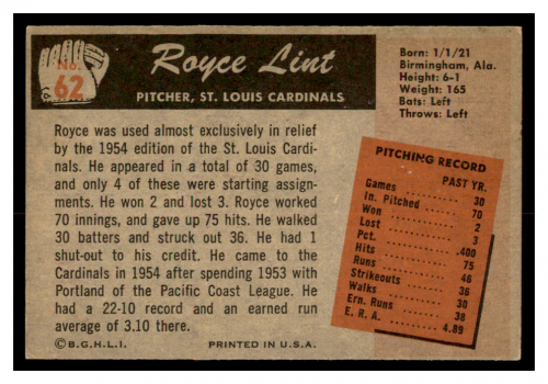 1955 Bowman #62 Royce Lint RC back image