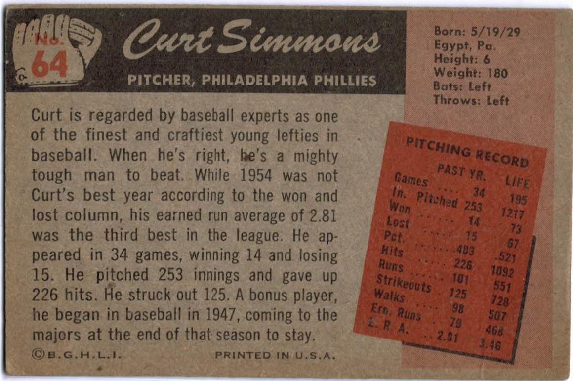 1955 Bowman #64 Curt Simmons back image