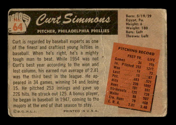 1955 Bowman #64 Curt Simmons back image