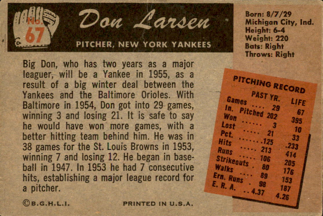 1955 Bowman #67 Don Larsen back image