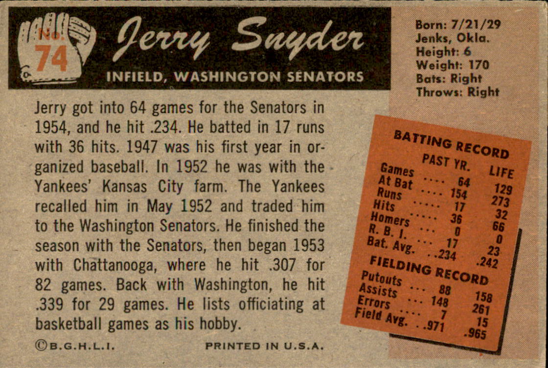 1955 Bowman #74 Jerry Snyder back image