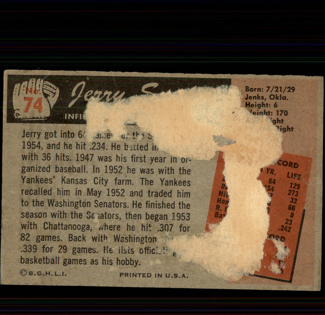 1955 Bowman #74 Jerry Snyder back image