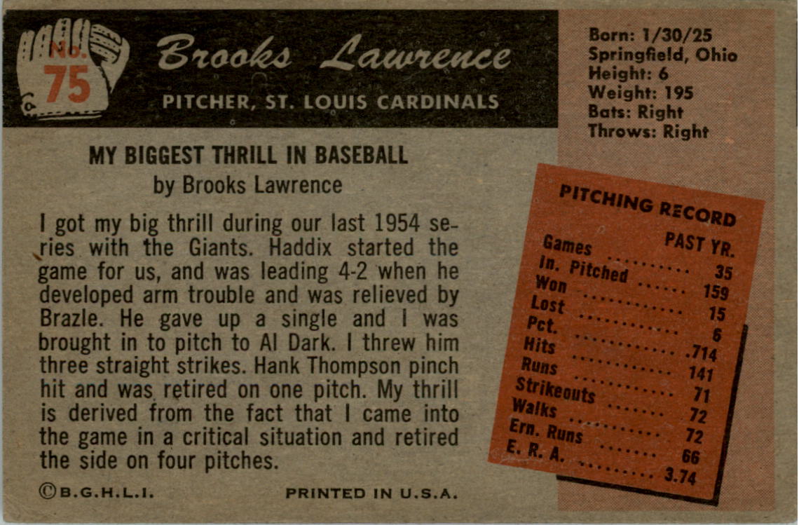 1955 Bowman #75 Brooks Lawrence RC back image