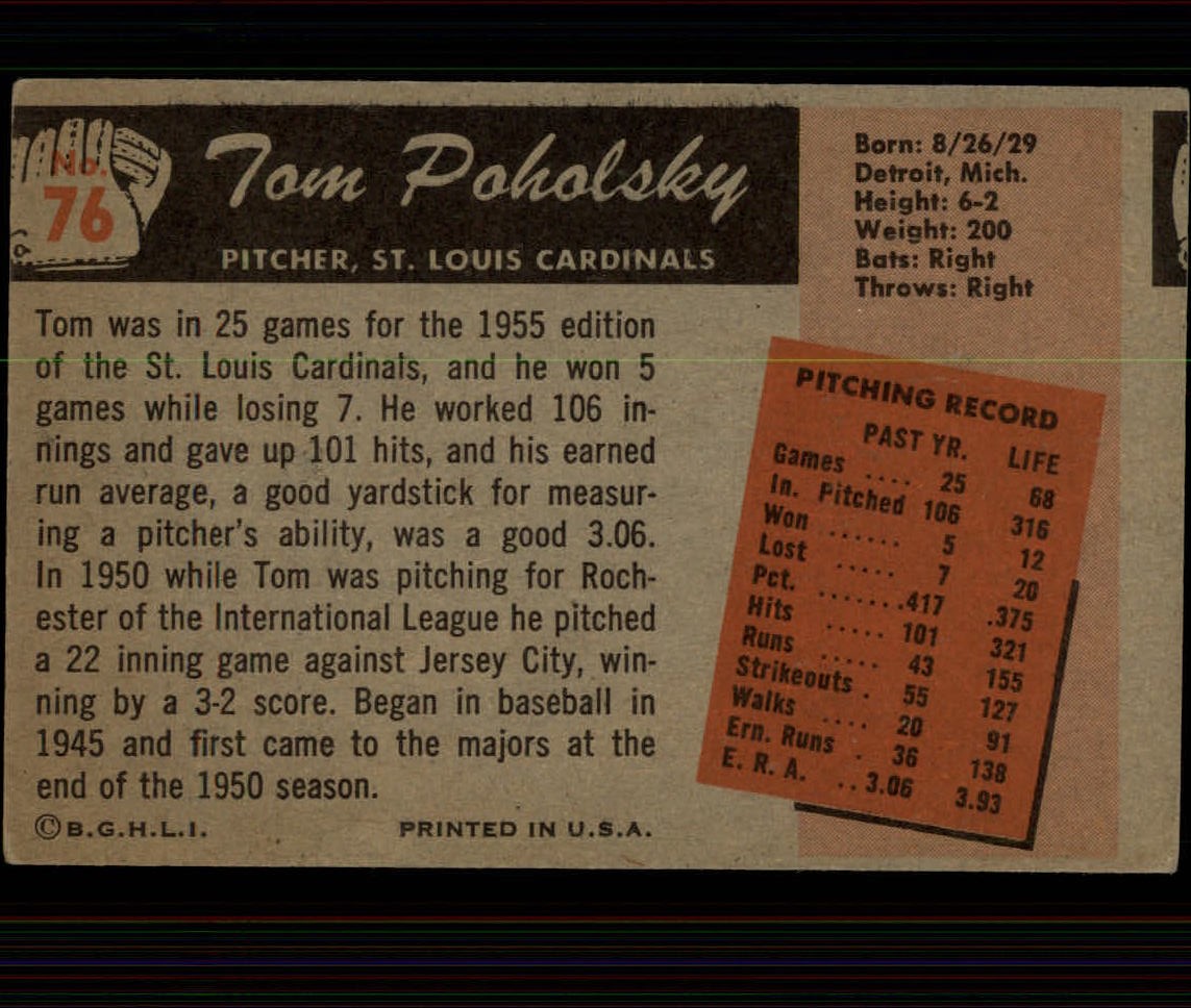 1955 Bowman #76 Tom Poholsky back image