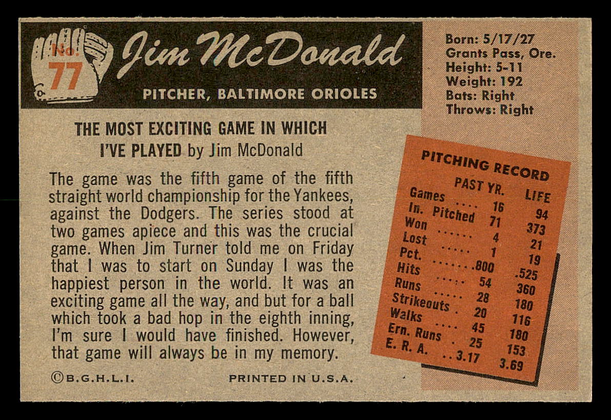 1955 Bowman #77 Jim McDonald RC back image