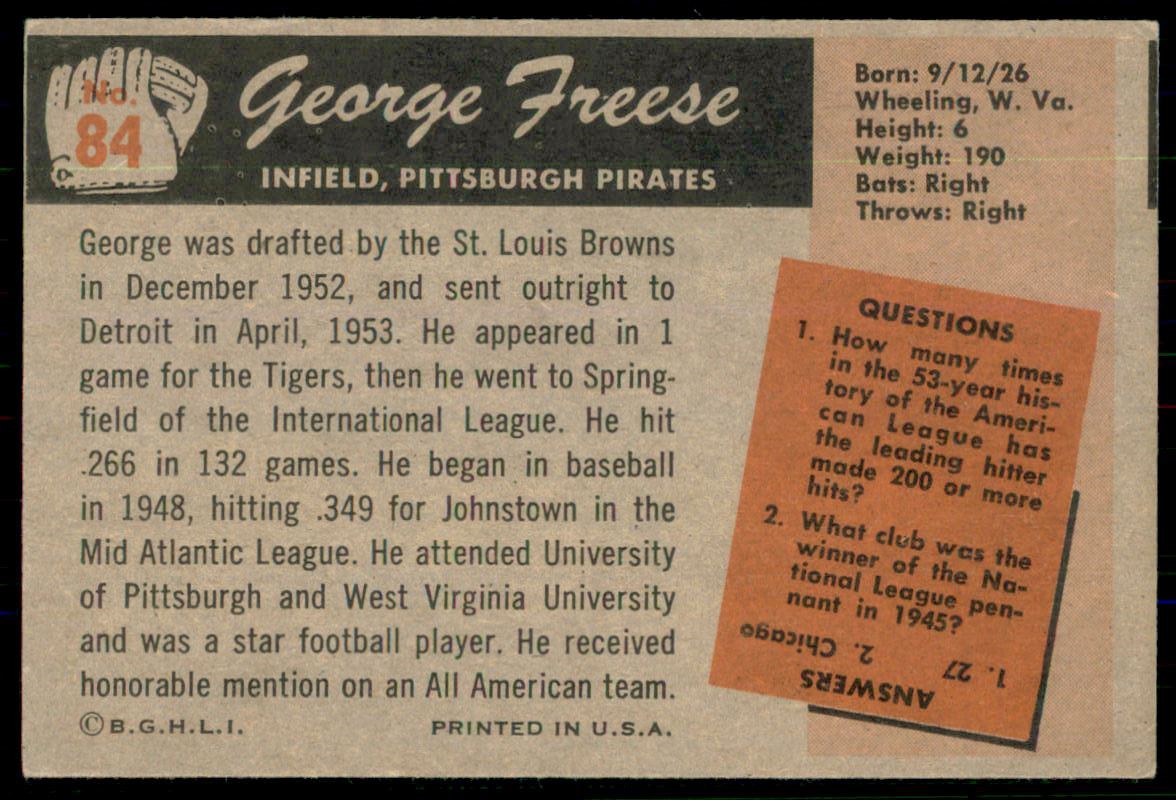 1955 Bowman #84 George Freese RC back image