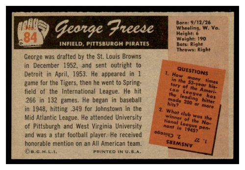 1955 Bowman #84 George Freese RC back image