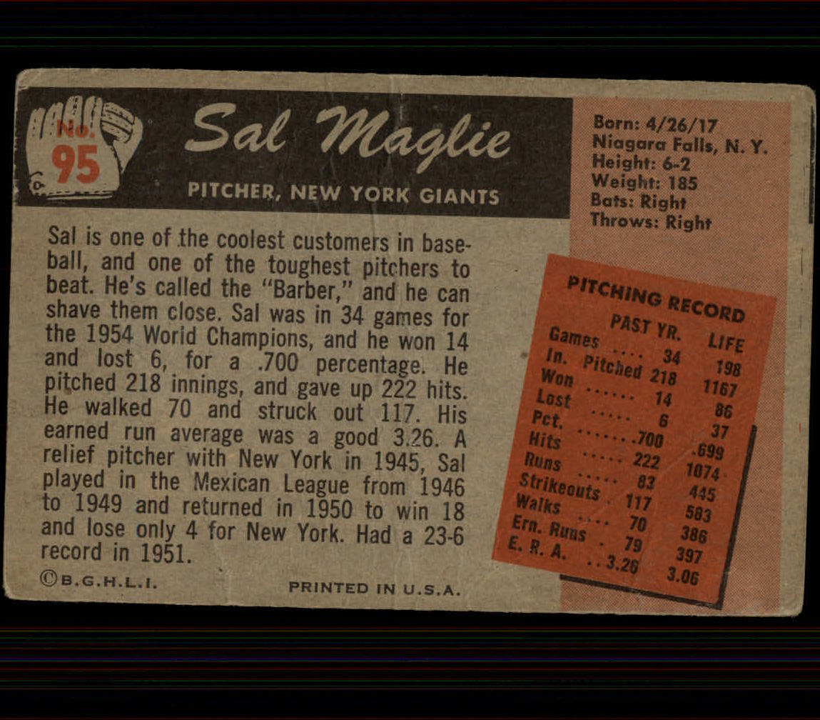1955 Bowman #95 Sal Maglie back image