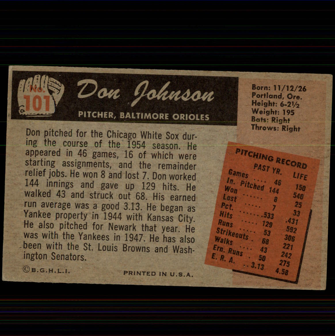 1955 Bowman #101B Don Johnson COR Orioles back image