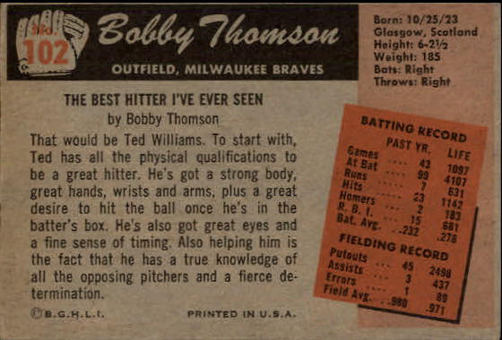 1955 Bowman #102 Bobby Thomson back image