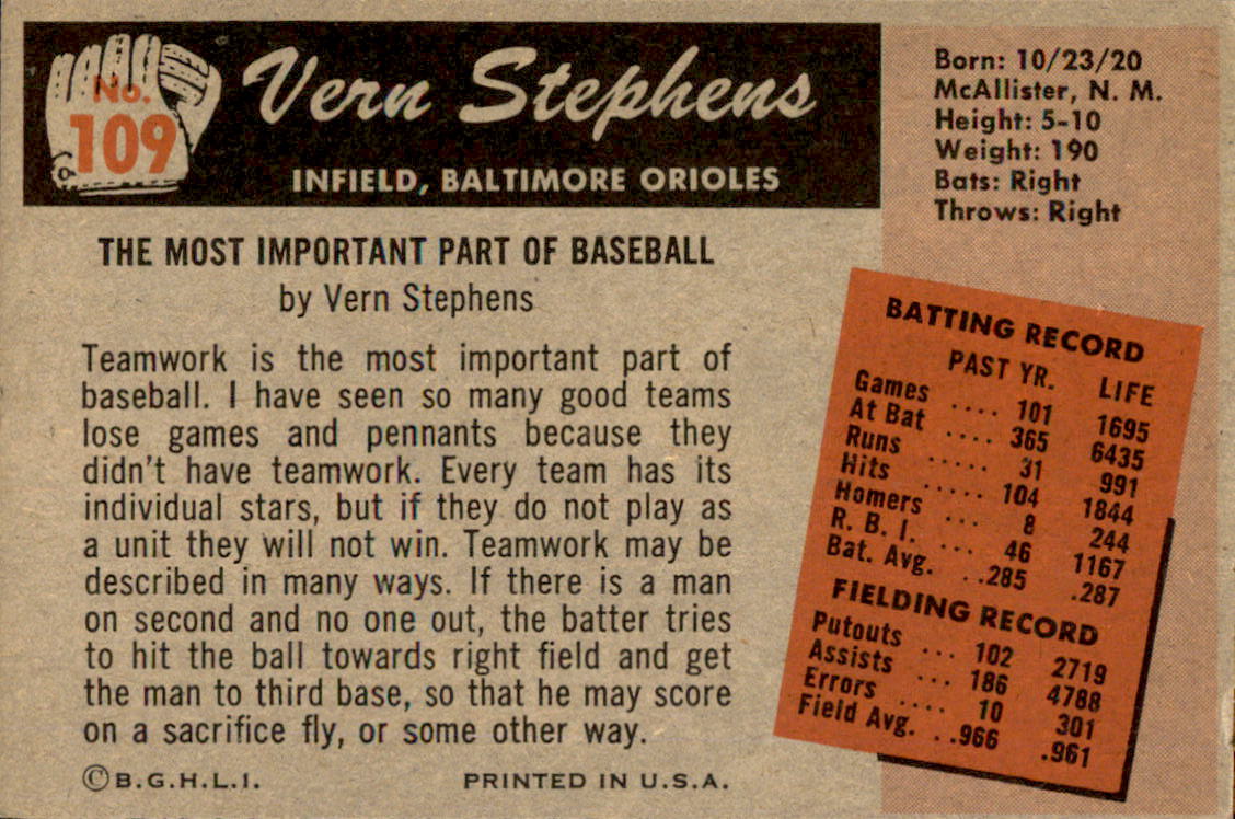 1955 Bowman #109 Vern Stephens back image