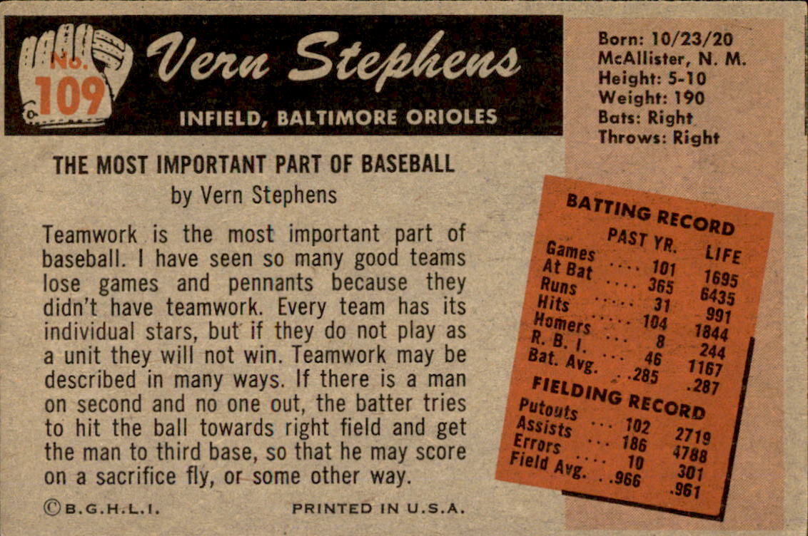1955 Bowman #109 Vern Stephens back image