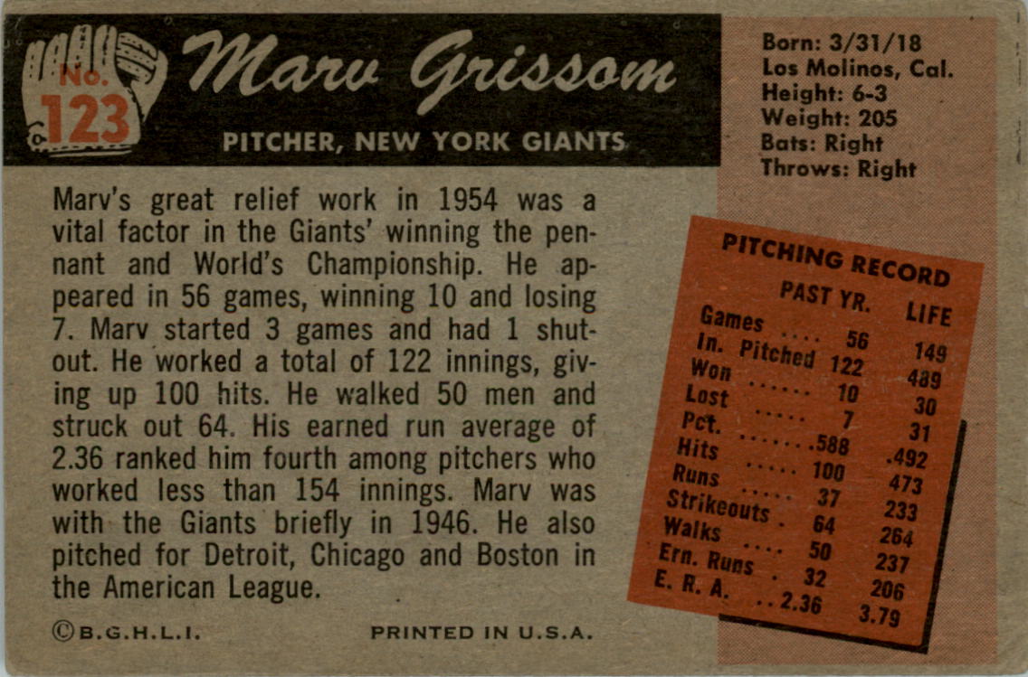 1955 Bowman #123 Marv Grissom RC back image