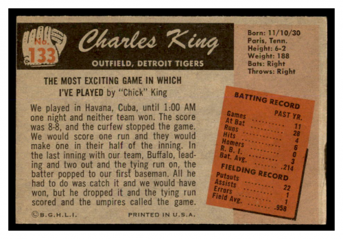 1955 Bowman #133 Charles King RC back image