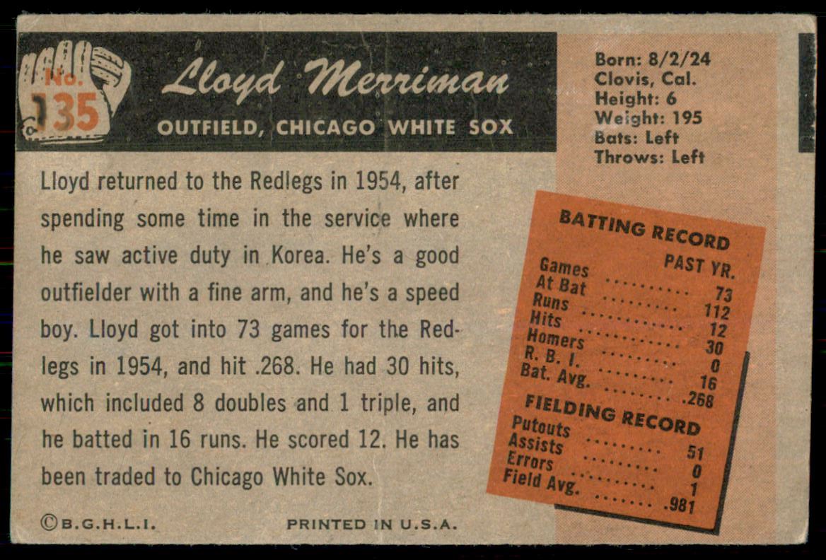 1955 Bowman #135 Lloyd Merriman back image