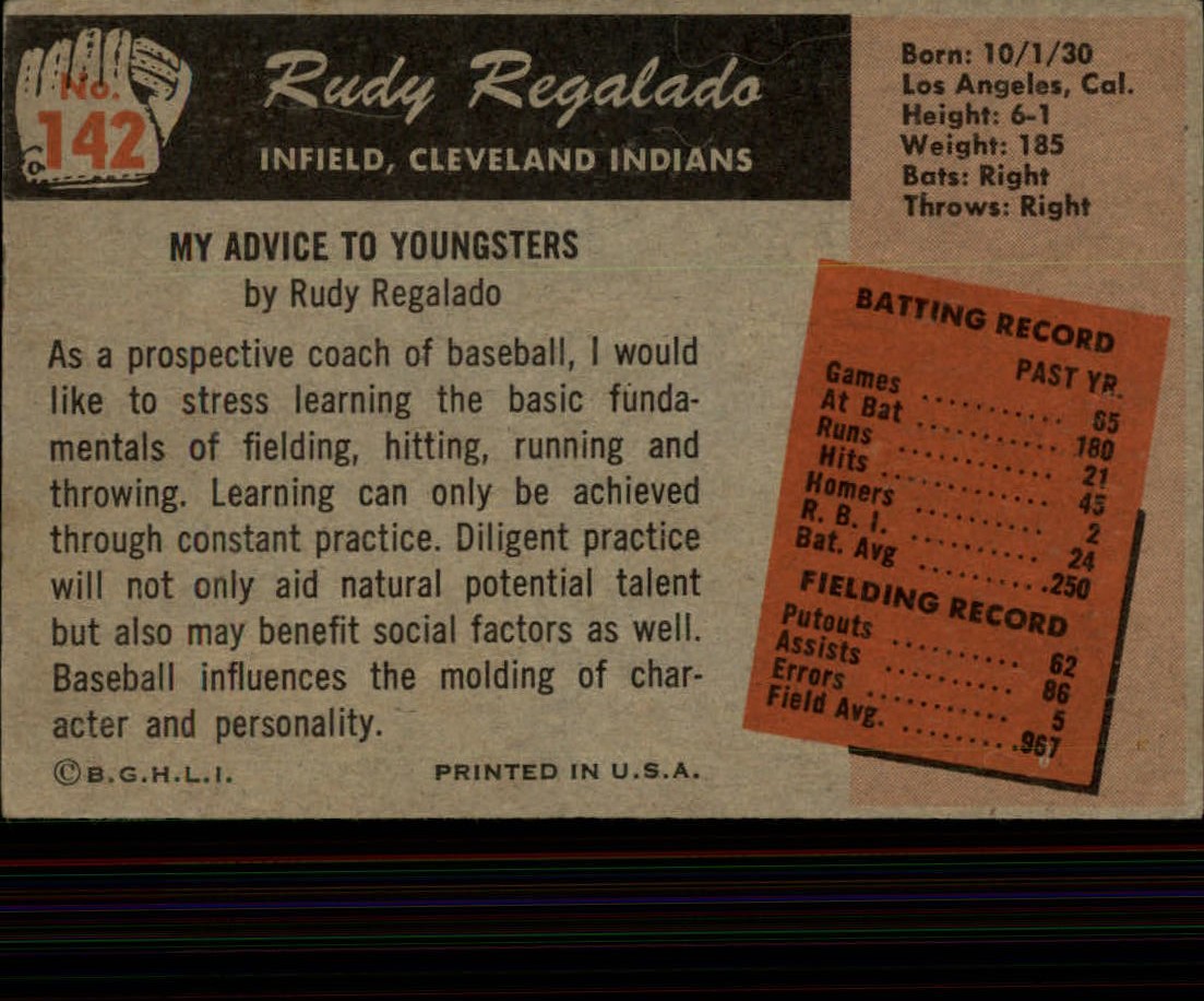 1955 Bowman #142 Rudy Regalado RC back image